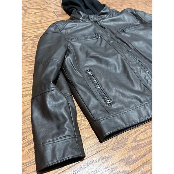 Calvin Klein Men's Dark Brown Faux Leather Jacket w/ Removable Hood, Size Large - Picture 2 of 8